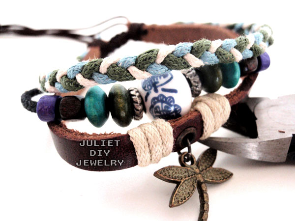 Dragonfly Charm Bracelet From Genuine Leather And Hemp Cord Woven