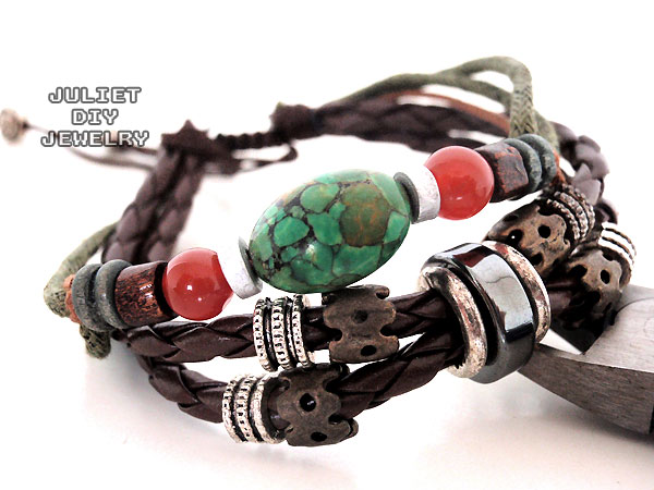 Turquoise Bead Leather Handmade Bracelet With Beautiful Silver Bead