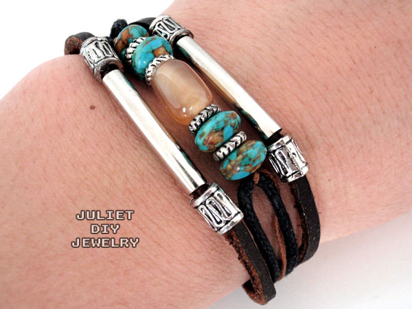 Beautiful Agate And Turquoise Bead Leather Bracelet